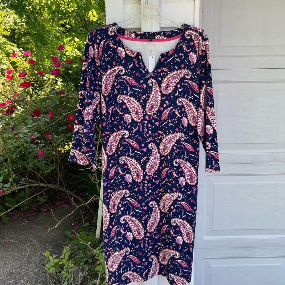 NWT Talbots Pretty Navy Blue Multicolored Paisley Cotton 3/4 Sleeve Dress
